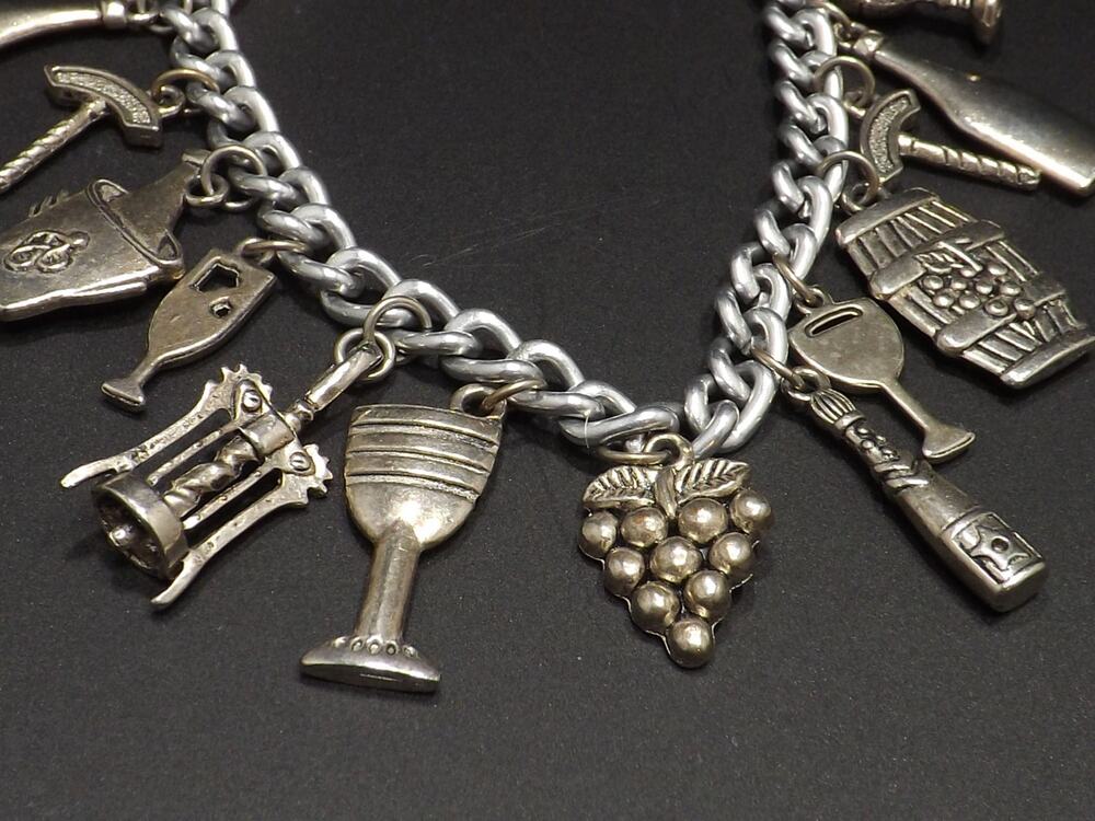 Vintage Wine Lovers Charm Bracelet, Sixteen Wine Related Charms